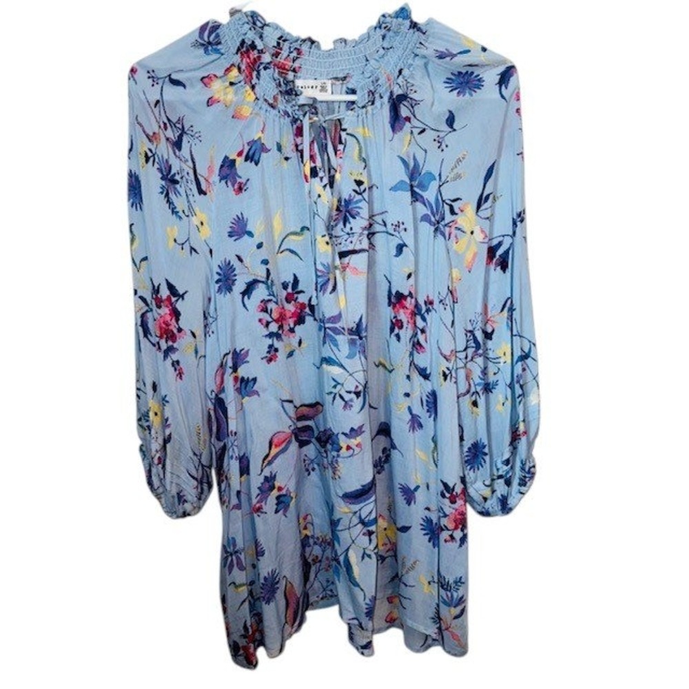 Retrology Floral Print 3/4 Sleeve Smocked Top Blue Size L